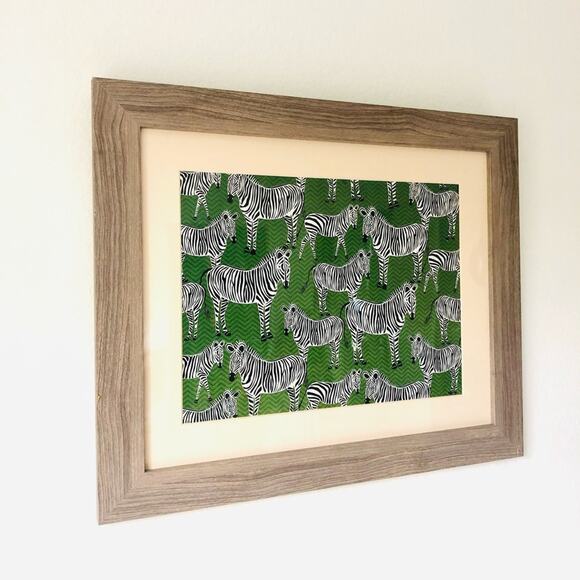 VINTAGE Light Faux Wood Frame Green Zebra Art Print Matted Artwork Wall Decor - Picture 1 of 4